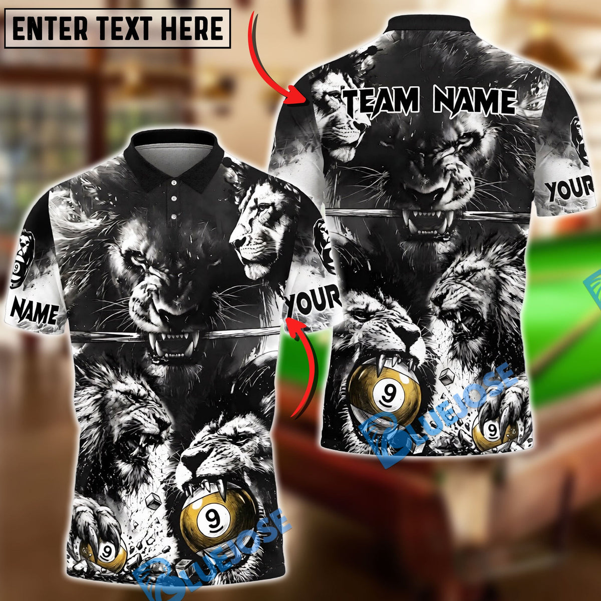 BlueJose Billiards 9 Ball Black White Lion Design Personalized Shirt