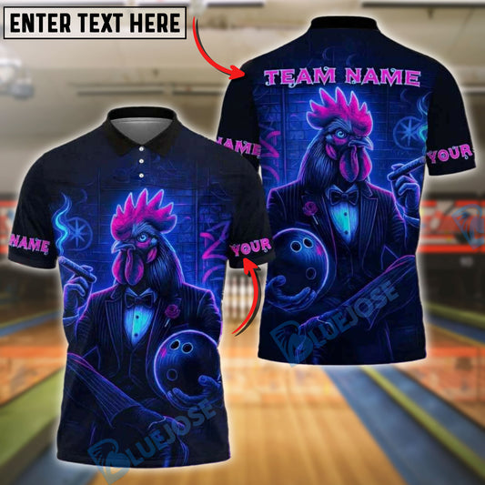 BlueJose Bowling Neon Rooster Customized Name, Team Name 3D Shirt (4 Colors)