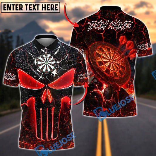 BlueJose Darts Punisher Skull Flame Magma Pattern Personalized Name, Team Name Unisex Shirt (4 Colors)
