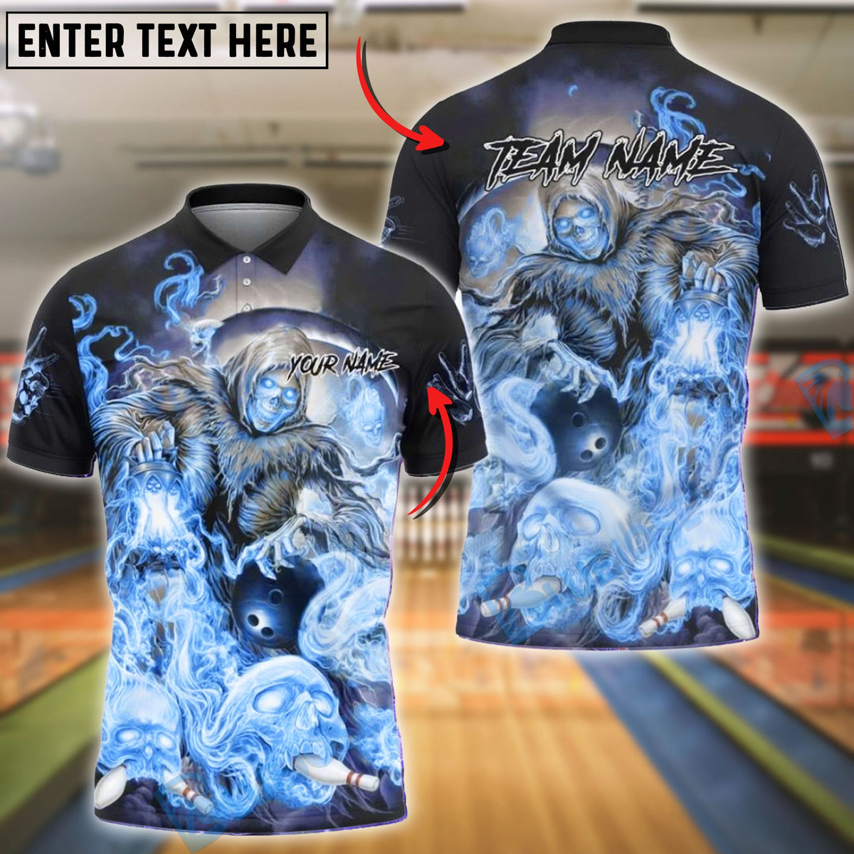 BlueJose Bowling &amp; Pins Grim Reaper Skull Smoke Customized Name, Team Name 3D Shirt (4 Colors)