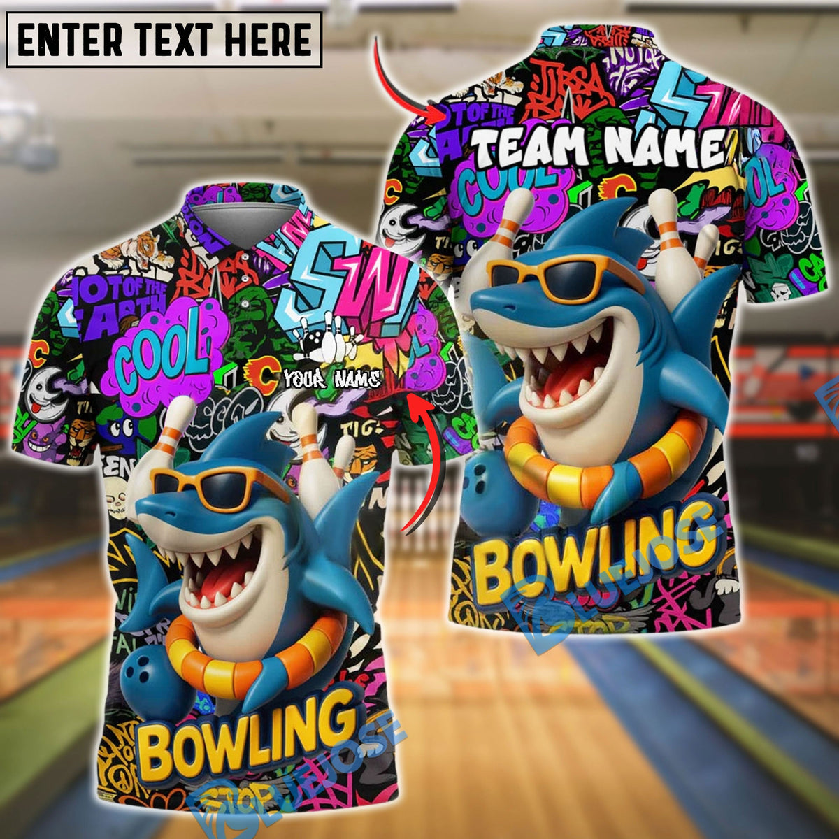 BlueJose Bowling Graffiti Shark Personalized Name, Team Name 3D Shirt