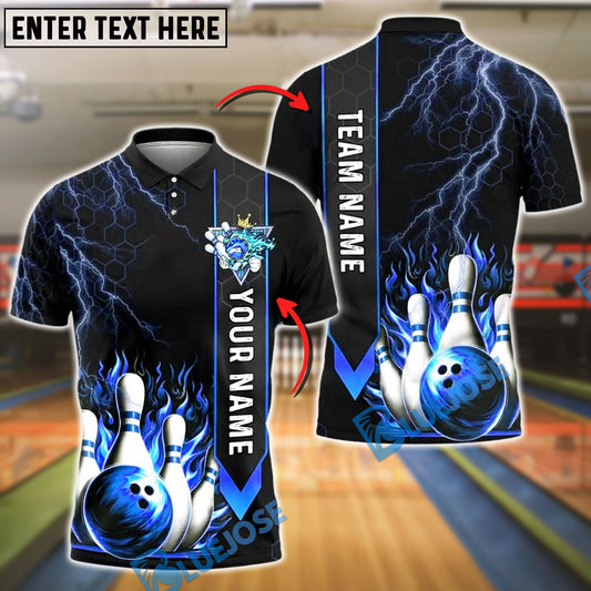 BlueJose Bowling And Pins Strike Flame Thunder Lightning Customized Name, Team Name 3D Shirt (4 Colors)