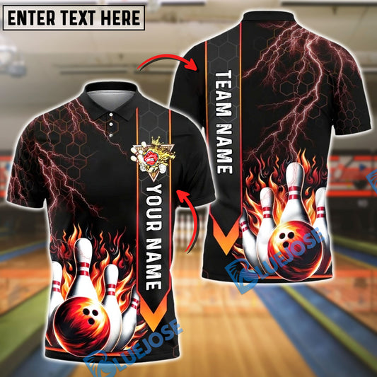 BlueJose Bowling And Pins Strike Flame Thunder Lightning Customized Name, Team Name 3D Shirt (4 Colors)