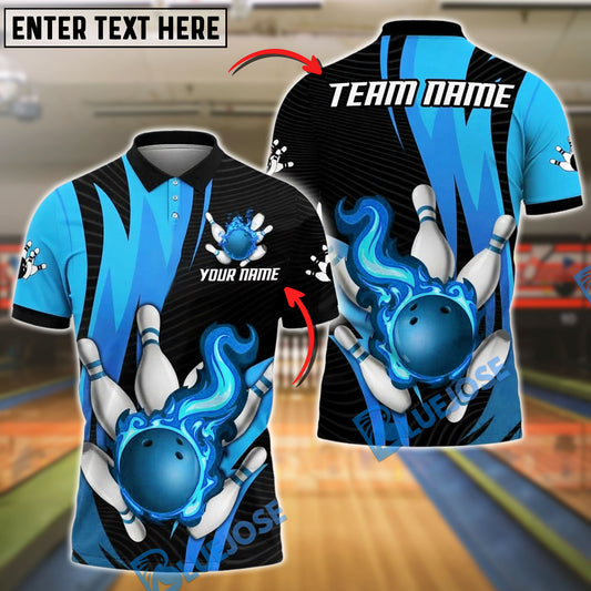 BlueJose Bowling And Pins Strike Flame Customized Name, Team Name 3D Shirt (4 Colors)