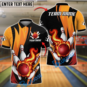 BlueJose Bowling And Pins Strike Flame Customized Name, Team Name 3D Shirt (4 Colors)