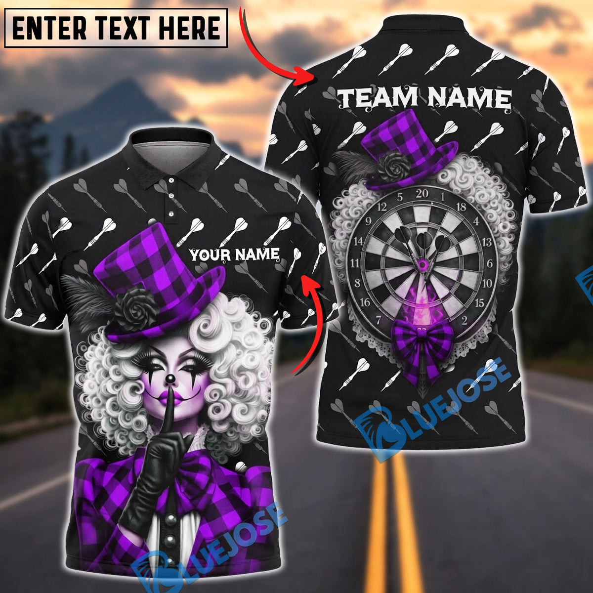 BlueJose Darts Gothic Sexy Clown Girl Plaid Pattern Personalized Name, Team Name Unisex Shirt (4 Colors)