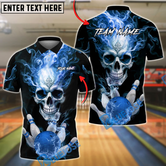 BlueJose Bowling And Pins Flaming King Smoke Skull Customized Name, Team Name 3D Shirt (4 Colors)
