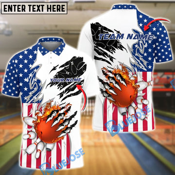 BlueJose Bowling Claws Flaming Strike USA Flag Customized Name, Team Name 3D Shirt