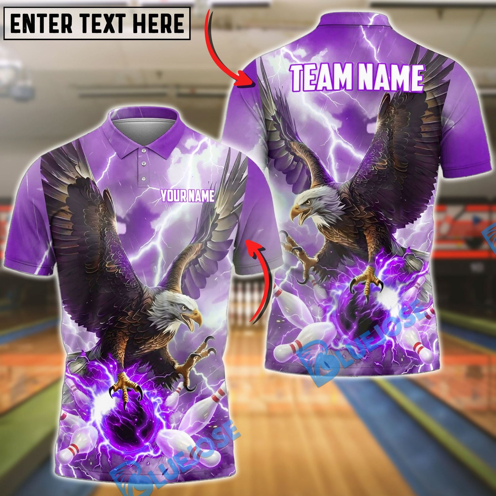 BlueJose Bowling Majestic Bald Eagle Lightning Storm Talons Gripping Ball Customized Name, Team Name 3D Shirt (4 Colors)