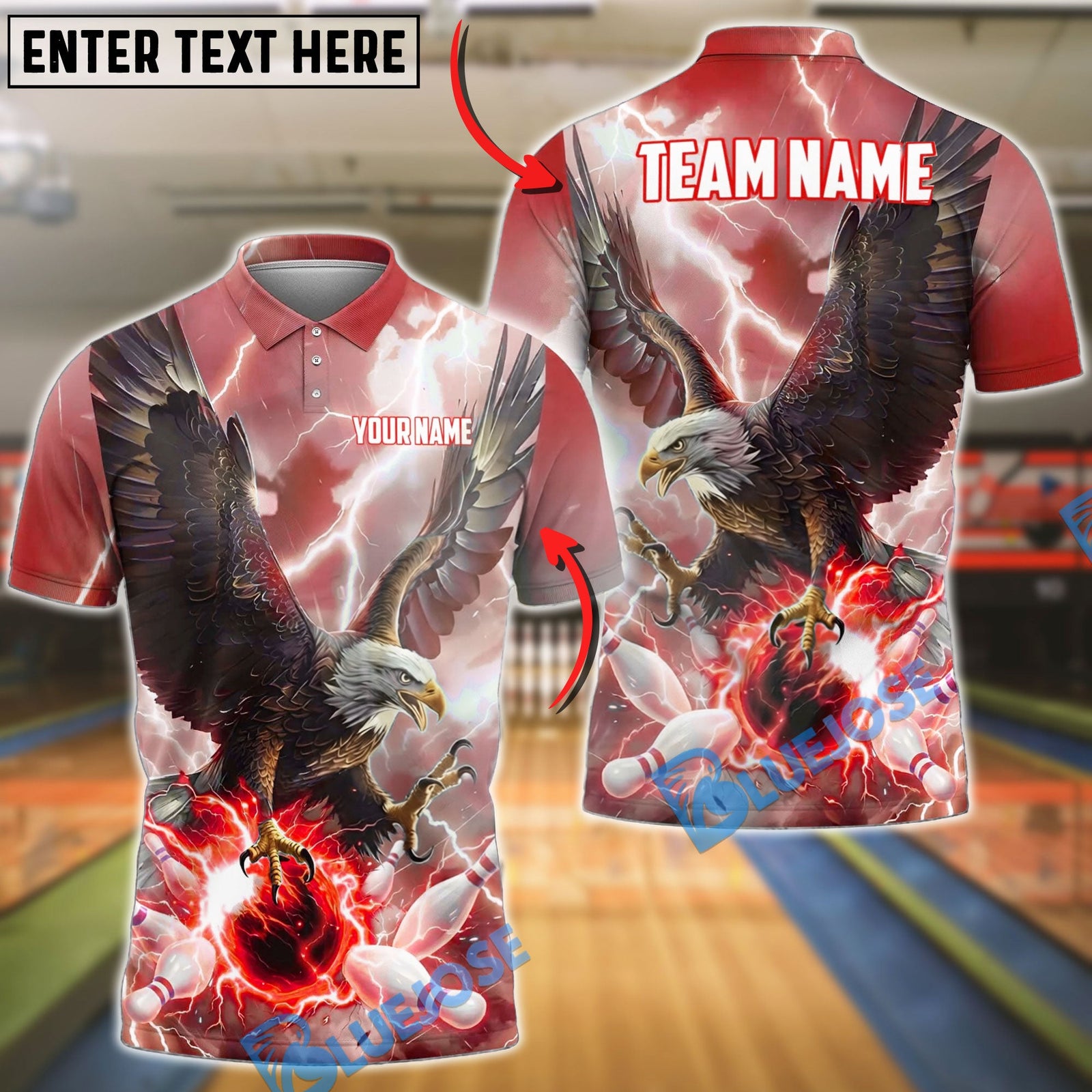 BlueJose Bowling Majestic Bald Eagle Lightning Storm Talons Gripping Ball Customized Name, Team Name 3D Shirt (4 Colors)