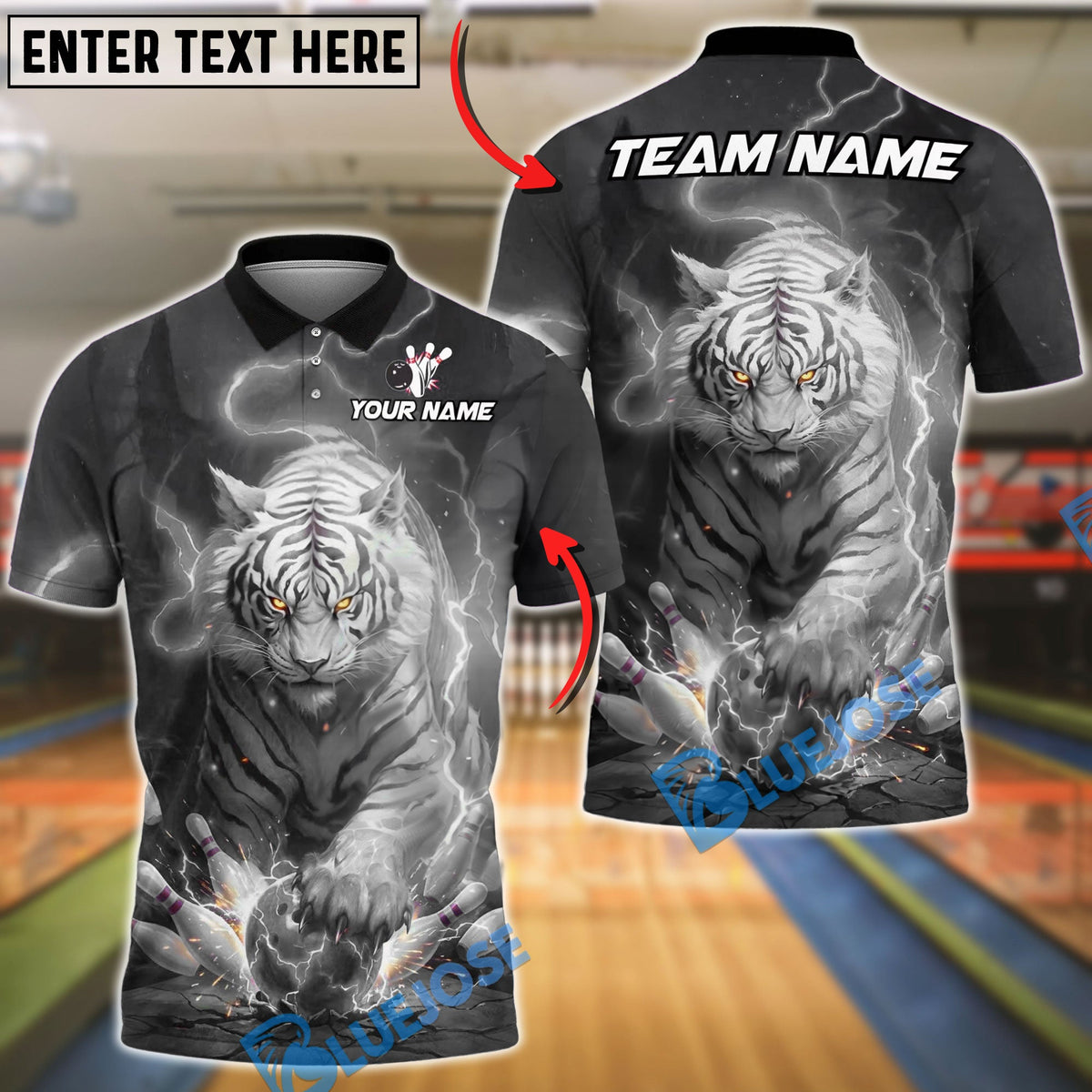BlueJose Bowling And Pins White Tiger Lightning Storm Tiger Claw Gripping Ball Customized Name, Team Name 3D Shirt (6 Colors)