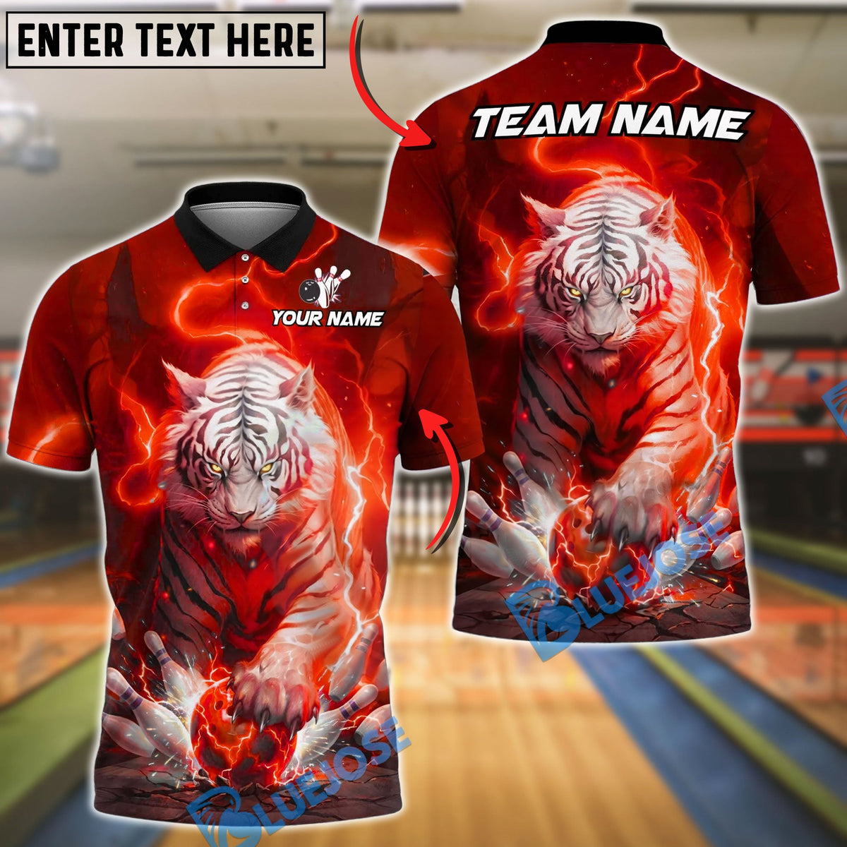 BlueJose Bowling And Pins White Tiger Lightning Storm Tiger Claw Gripping Ball Customized Name, Team Name 3D Shirt (6 Colors)