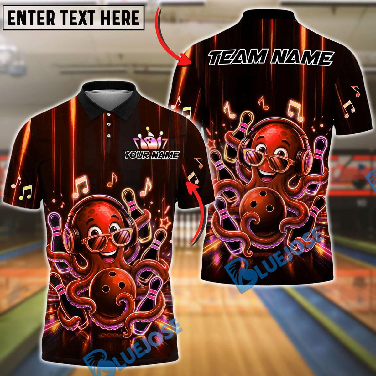 BlueJose Bowling Retro Party Octopus Sunglasses Vibrant Colorful Graphic Customized Name, Team Name 3D Shirt (4 Colors)