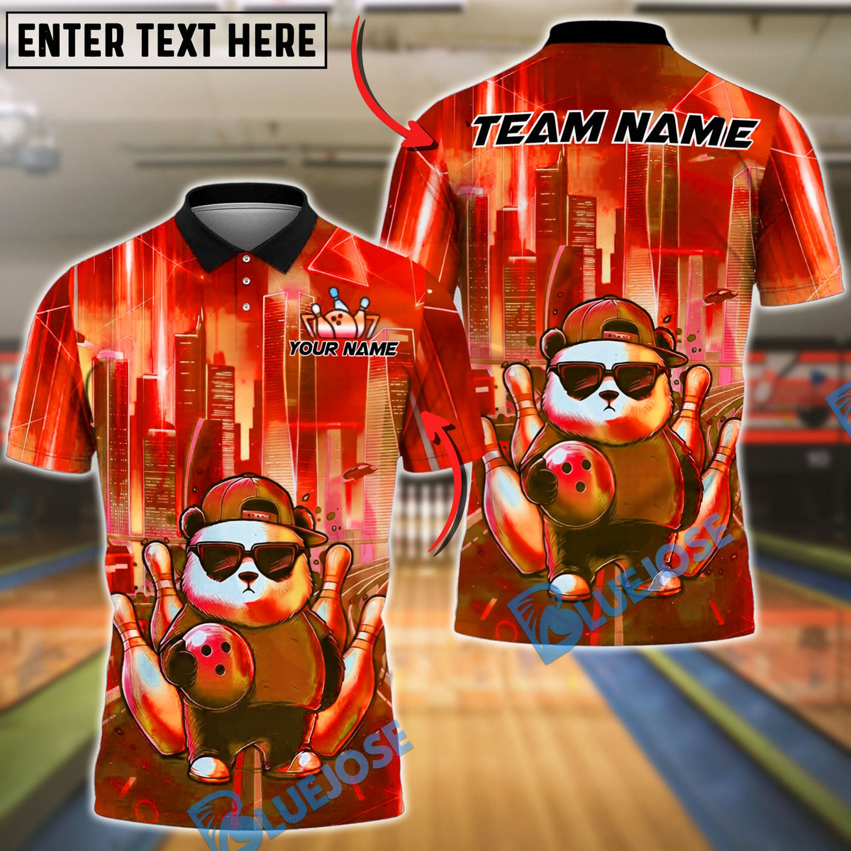 BlueJose Bowling Cool Swag Panda Synthwave Retro Cyberpunk Cityscape Customized Name, Team Name 3D Shirt (4 Colors)