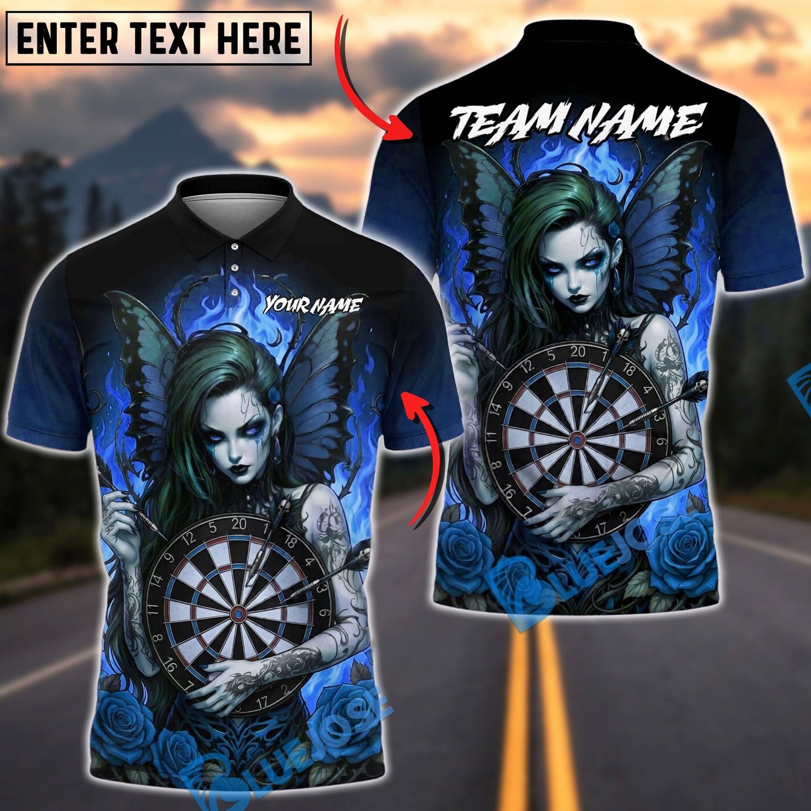 BlueJose Darts Dartboard Dark Gothic Fairy Girl Wings Roses Personalized Name, Team Name Unisex Shirt (4 Colors)
