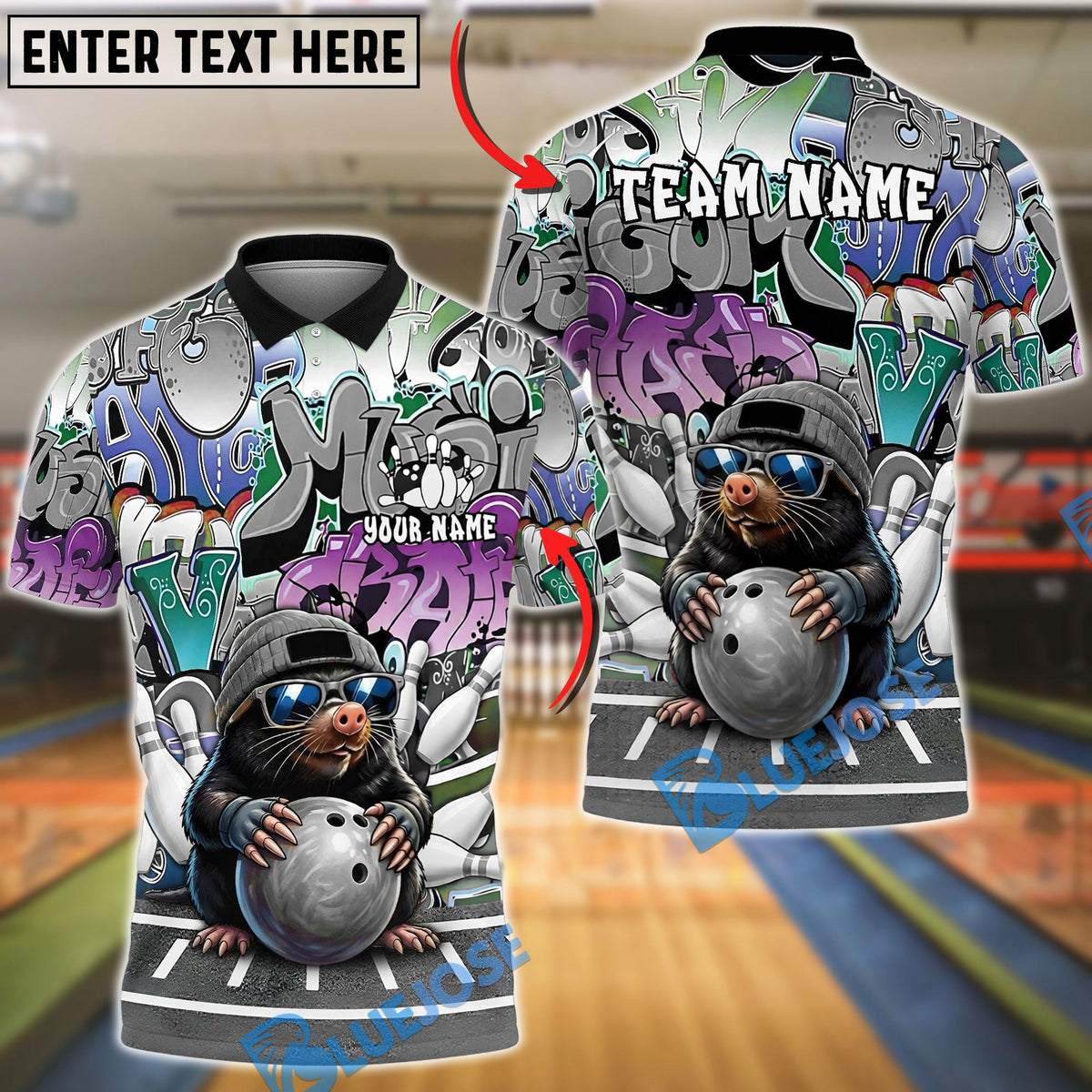 BlueJose Bowling And Pins Funny Mole Cartoon Character Hip Hop Streetwear Sportswear Apparel Customized Name, Team Name 3D Shirt (6 Colors)