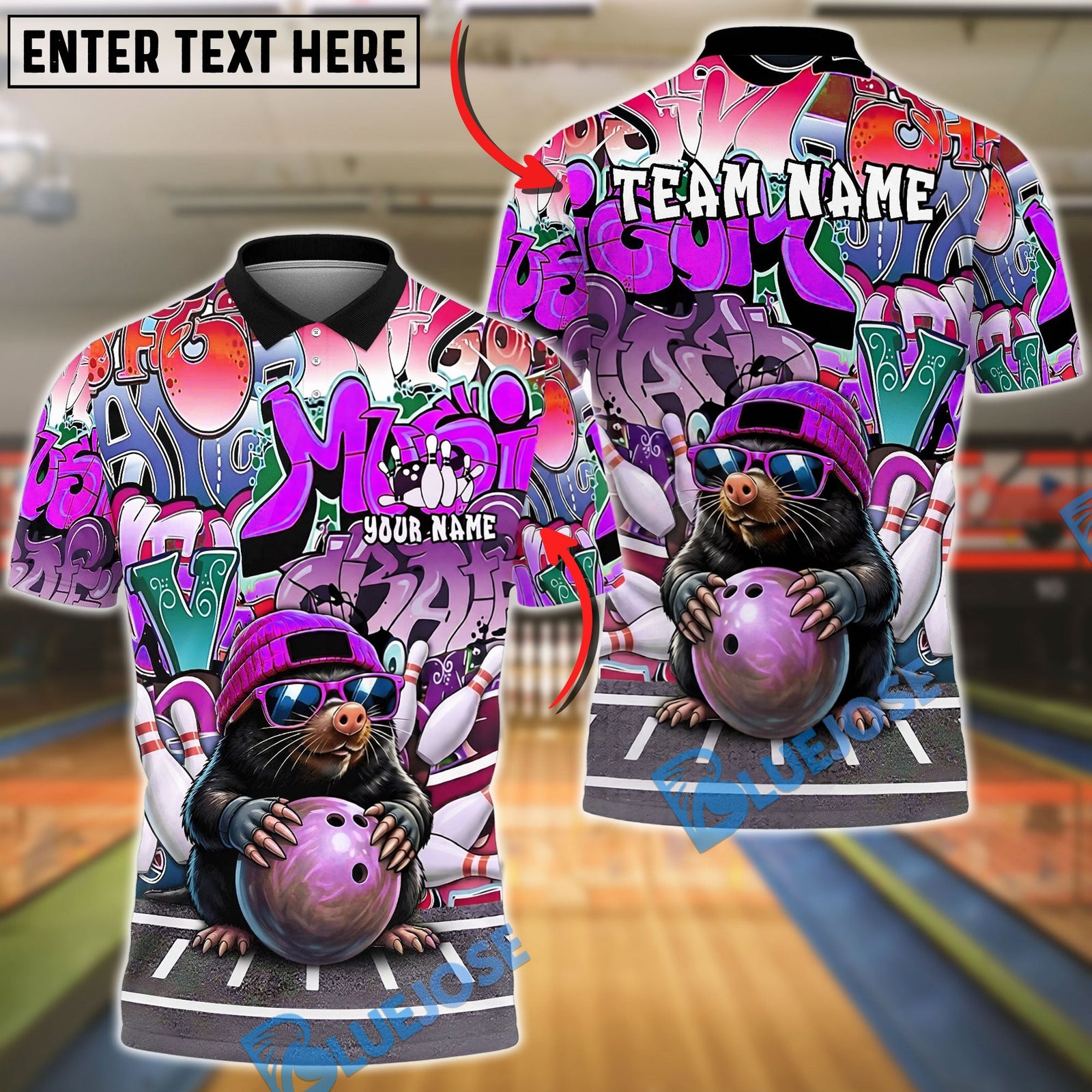 BlueJose Bowling And Pins Funny Mole Cartoon Character Hip Hop Streetwear Sportswear Apparel Customized Name, Team Name 3D Shirt (6 Colors)