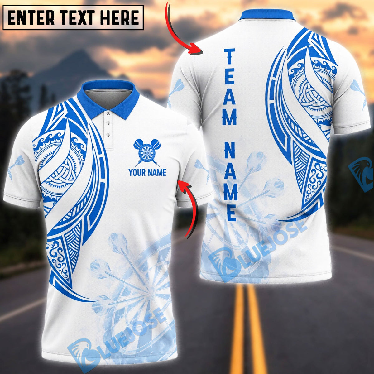 BlueJose Darts Tribal Maori Pattern Personalized Name, Team Name Unisex Shirt (4 Colors)