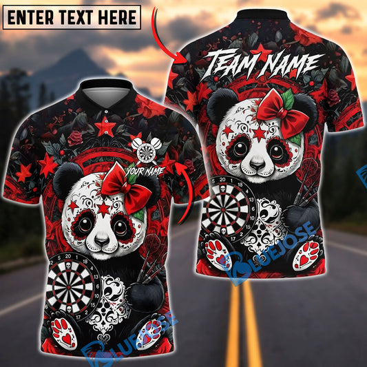 BlueJose Darts Sugar Skull Panda Red Roses & Stars Dartboard Pattern Personalized Name, Team Name Unisex Shirt (4 Colors)