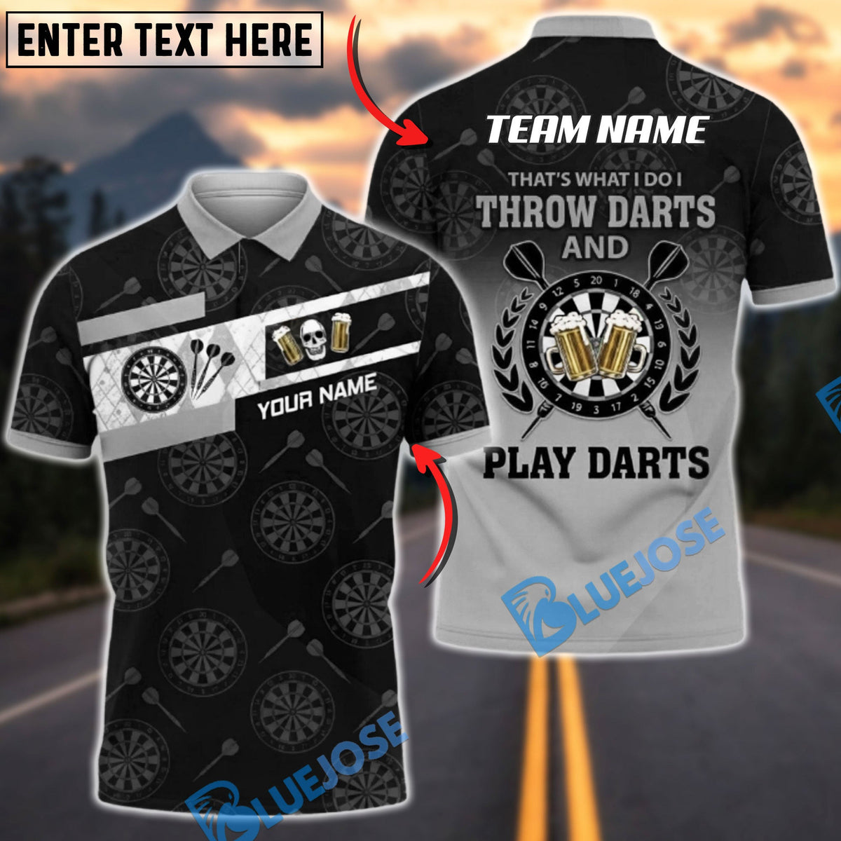 BlueJose Darts Beer Skull Black Gold Dartboard Pattern Throw Play Darts Slogan Personalized Name, Team Name Unisex Shirt (6 Colors)