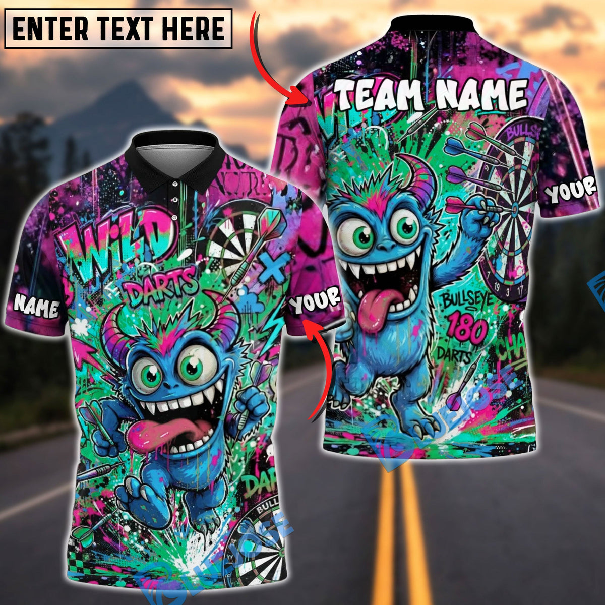 BlueJose Darts Crazy Monster Graffiti Personalized Name, Team Name Unisex Shirt (4 Colors)