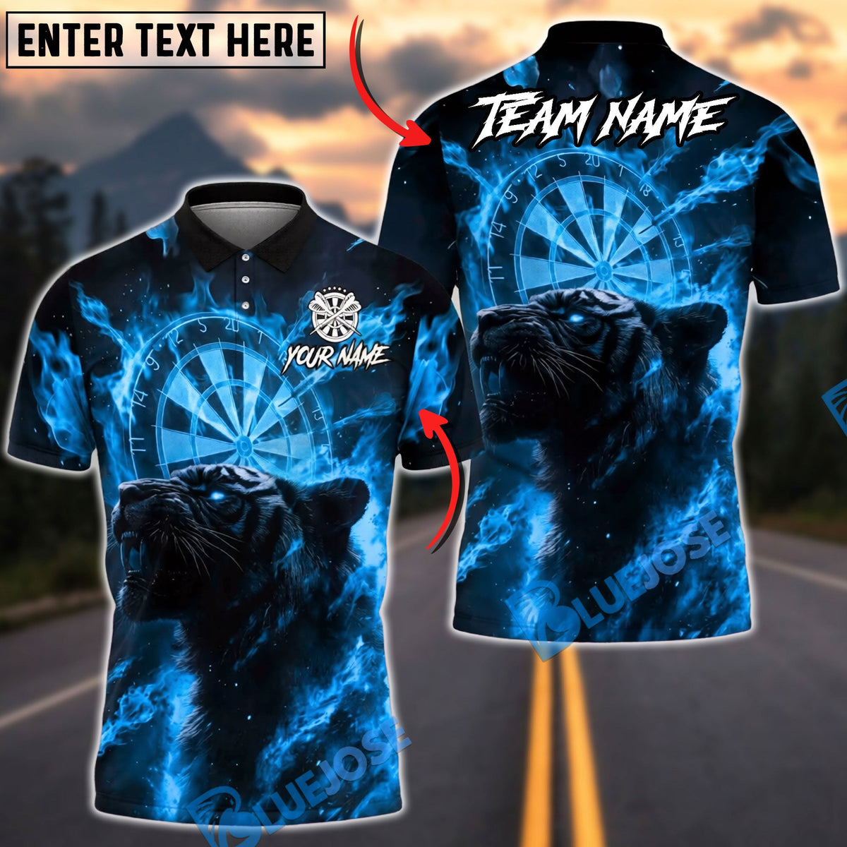 BlueJose Darts Flame Tiger Spirit Personalized Name, Team Name Unisex Shirt (4 Colors)