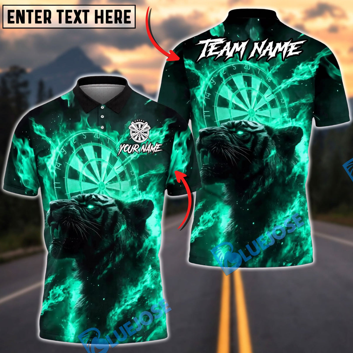 BlueJose Darts Flame Tiger Spirit Personalized Name, Team Name Unisex Shirt (4 Colors)