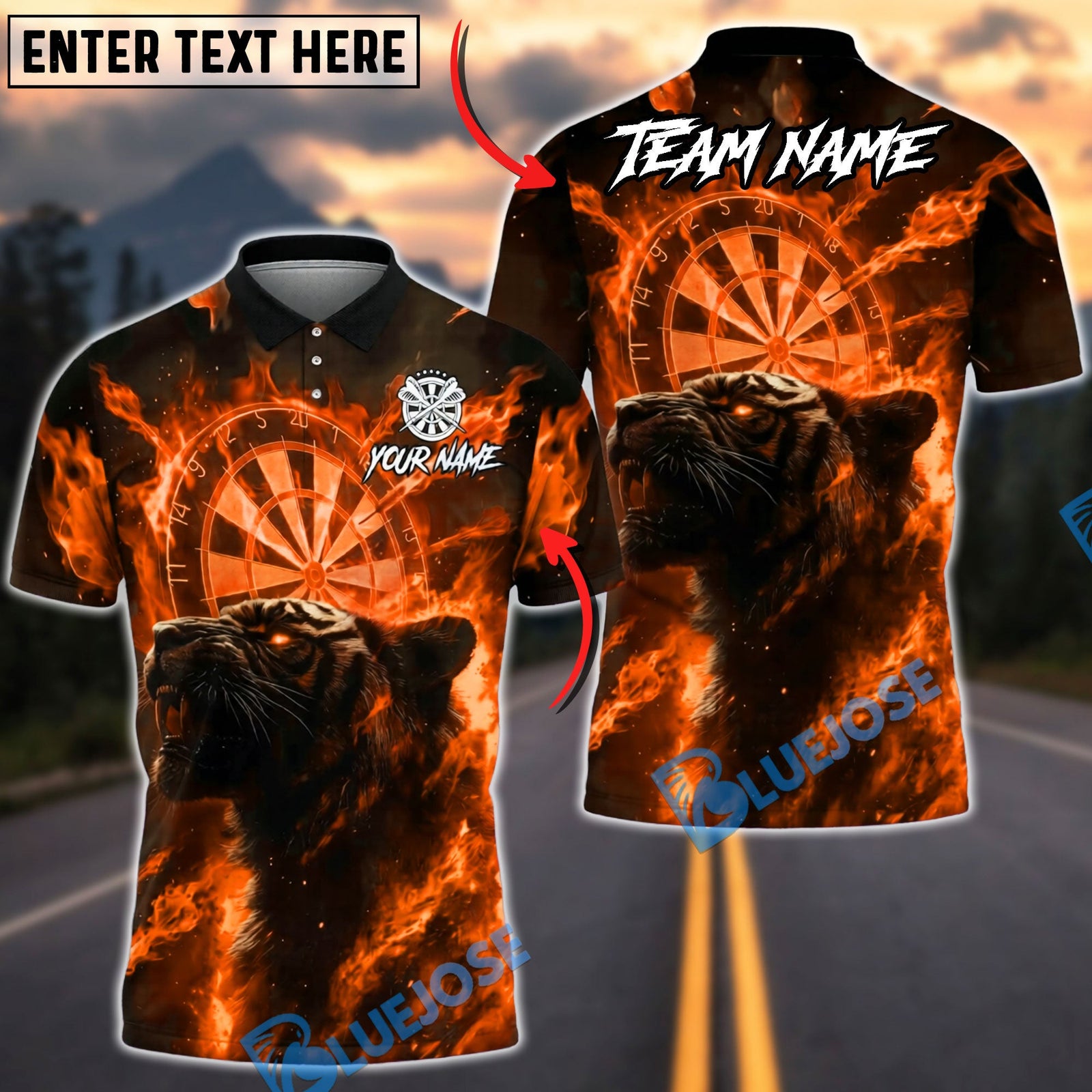 BlueJose Darts Flame Tiger Spirit Personalized Name, Team Name Unisex Shirt (4 Colors)