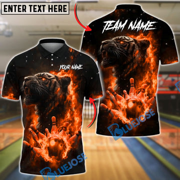 BlueJose Bowling And Pins Flame Tiger Spirit Strike Customized Name, Team Name 3D Shirt (4 Colors)