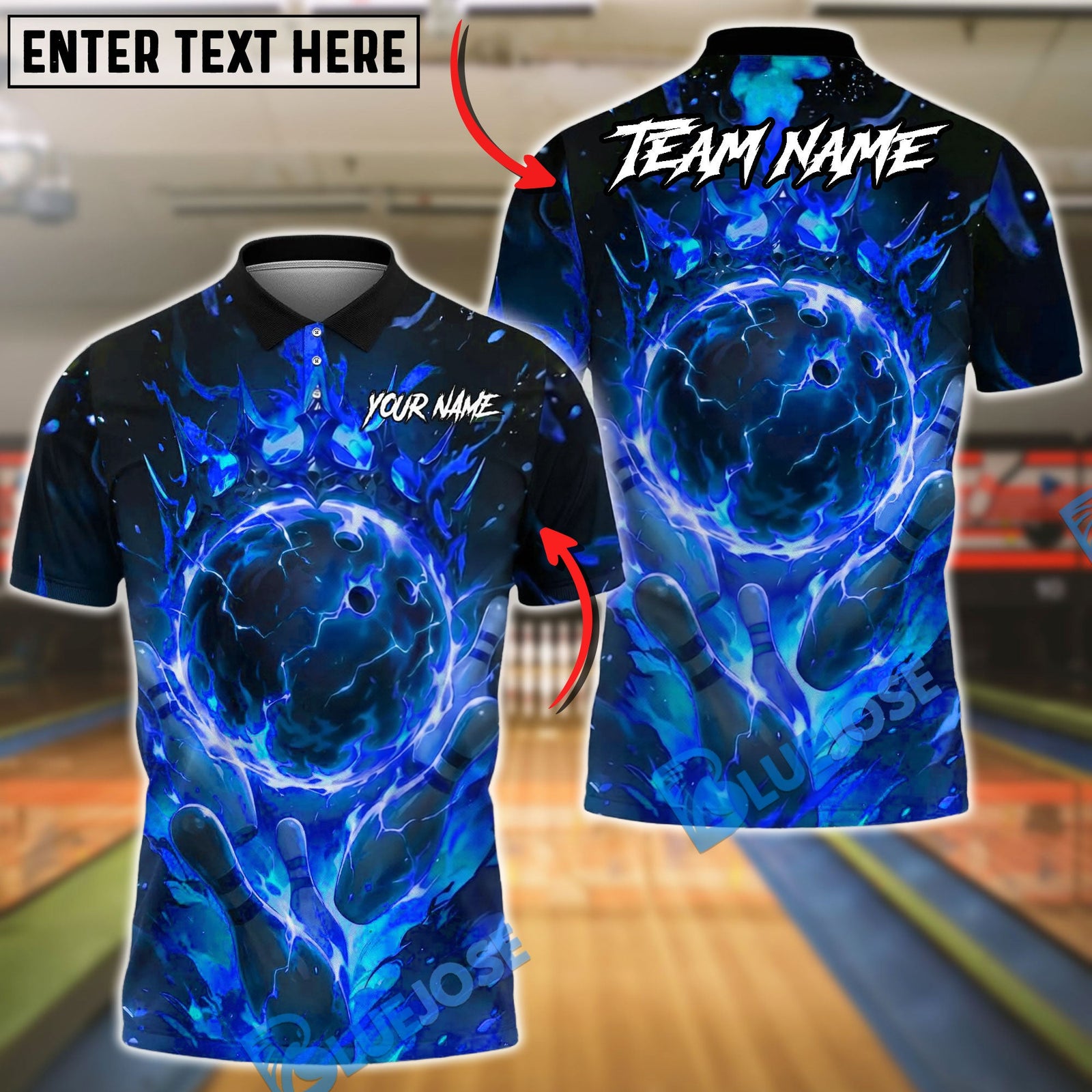 BlueJose Bowling And Pins  Cosmic Flame Lightning Ball Customized Name, Team Name 3D Shirt (4 Colors)
