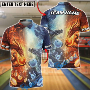 BlueJose Bowling And Pins Fire And Ice Dragon Customized Name, Team Name 3D Shirt