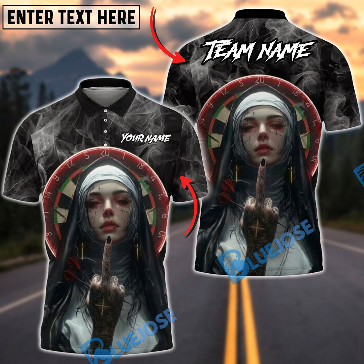 BlueJose Darts Gothic Dark Nun Portrait Personalized Name Shirt