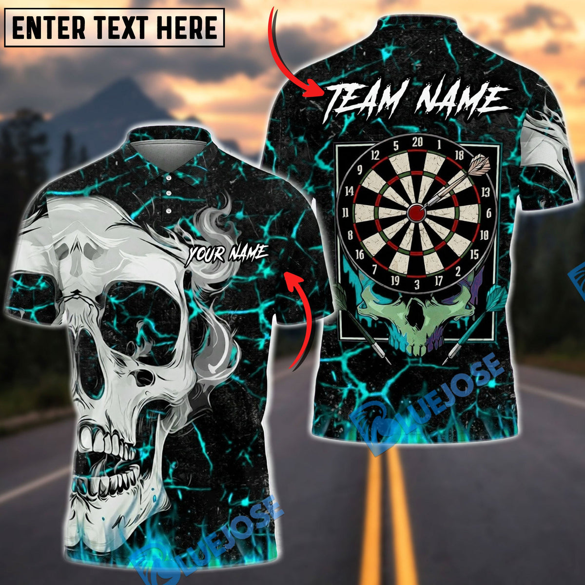BlueJose Darts Skull Flame Art Personalized Name, Team Name Unisex Shirt (4 Colors)