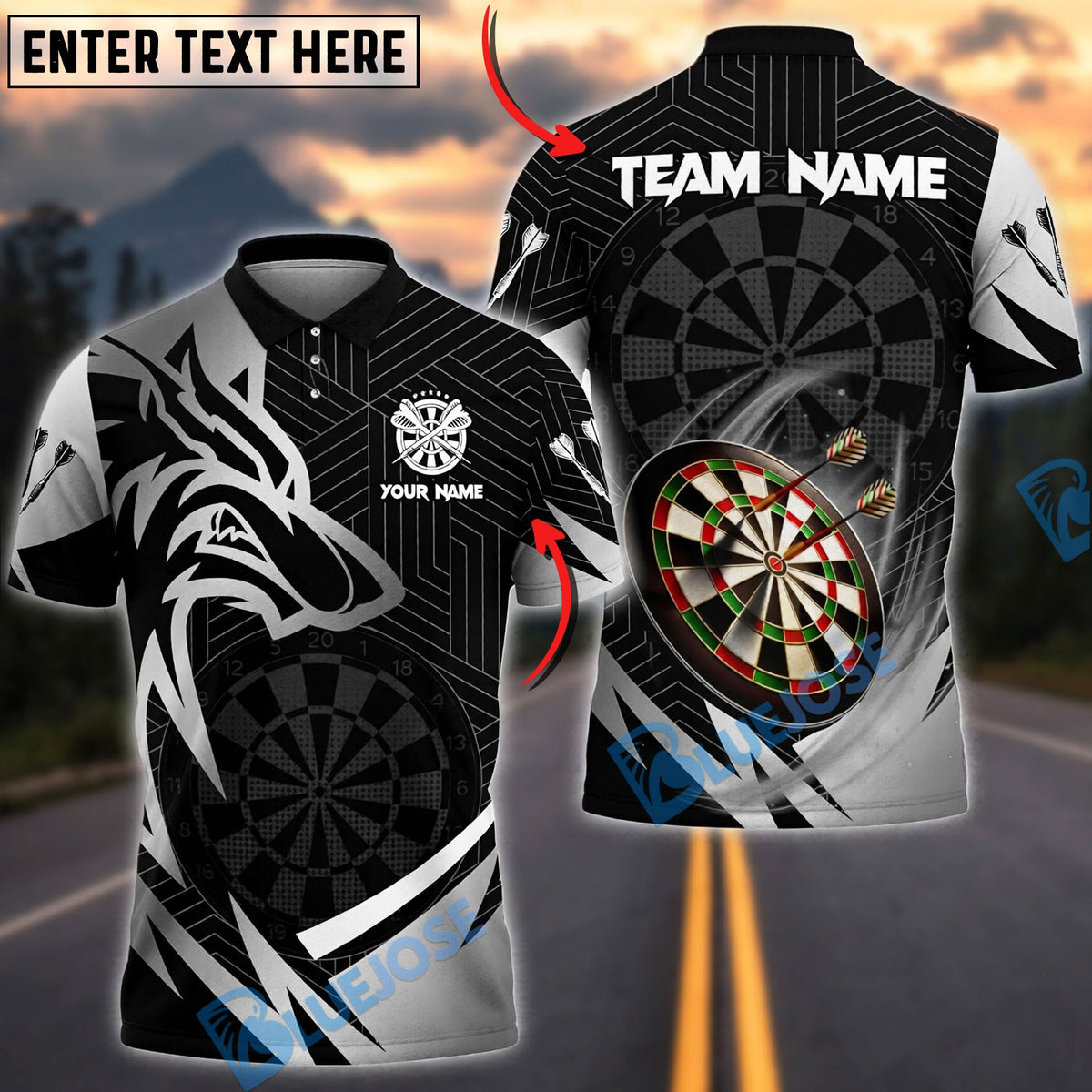 BlueJose Darts Wolf Gold Black Dartboard Graphic Personalized Name, Team Name Unisex Shirt (6 Colors)