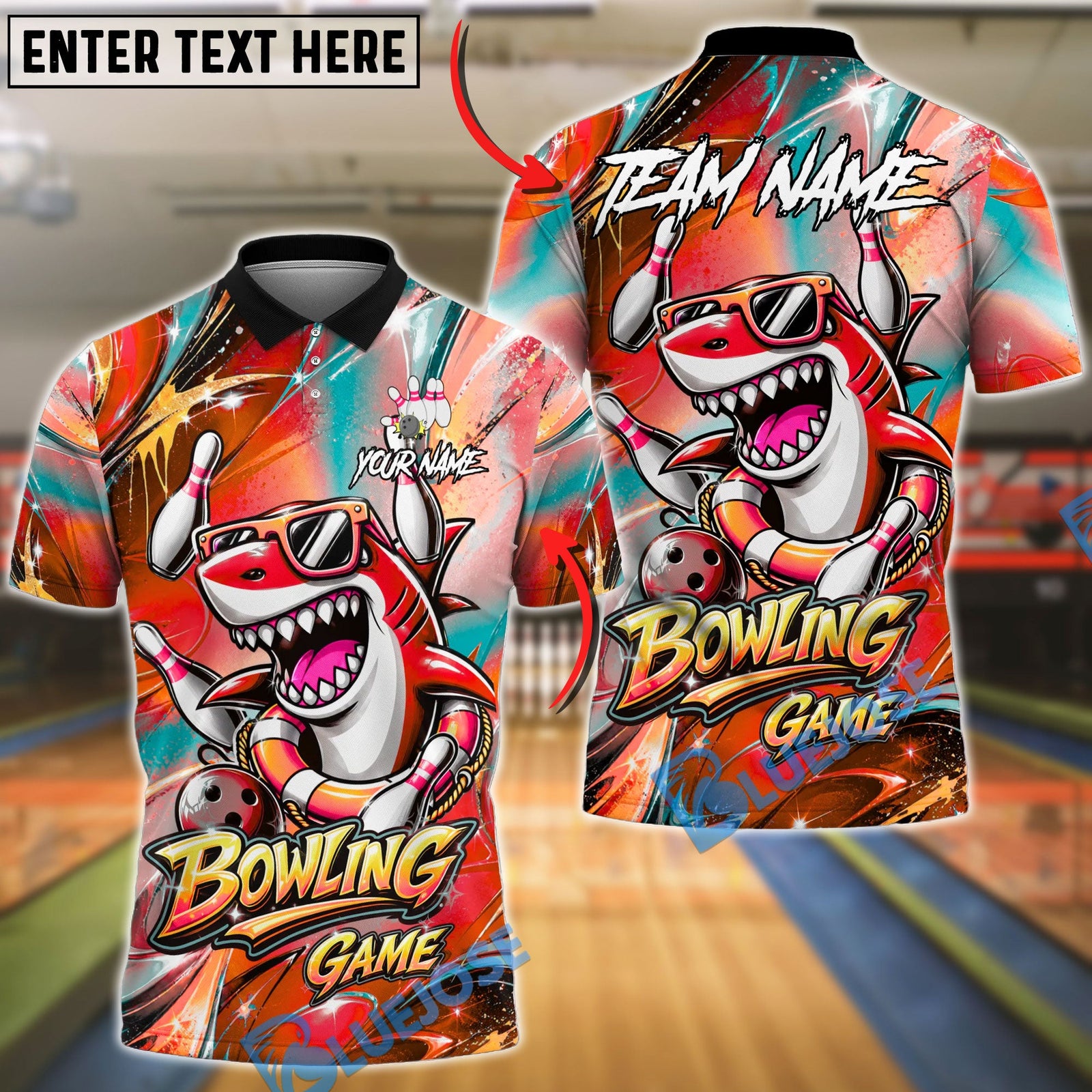 BlueJose Bowling And Pins Shark Cool Ocean Graffiti Design Customized Name, Team Name 3D Shirt (4 Colors)