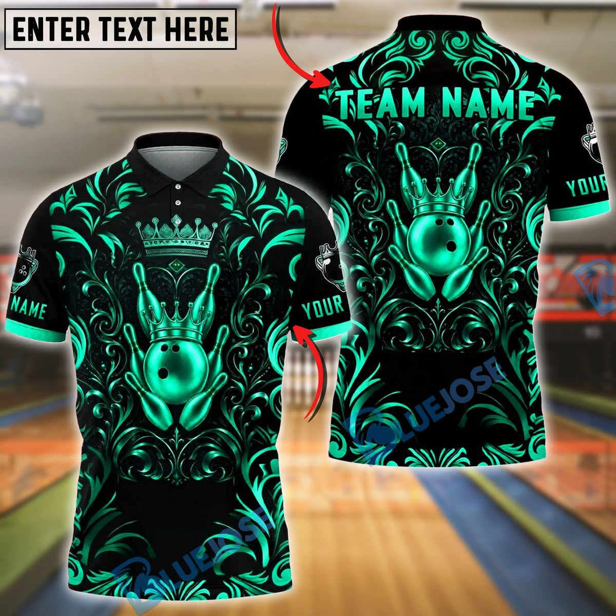 BlueJose Bowling And Pins King Gold Crown Royal Style Customized Name, Team Name 3D Shirt (6 Colors)