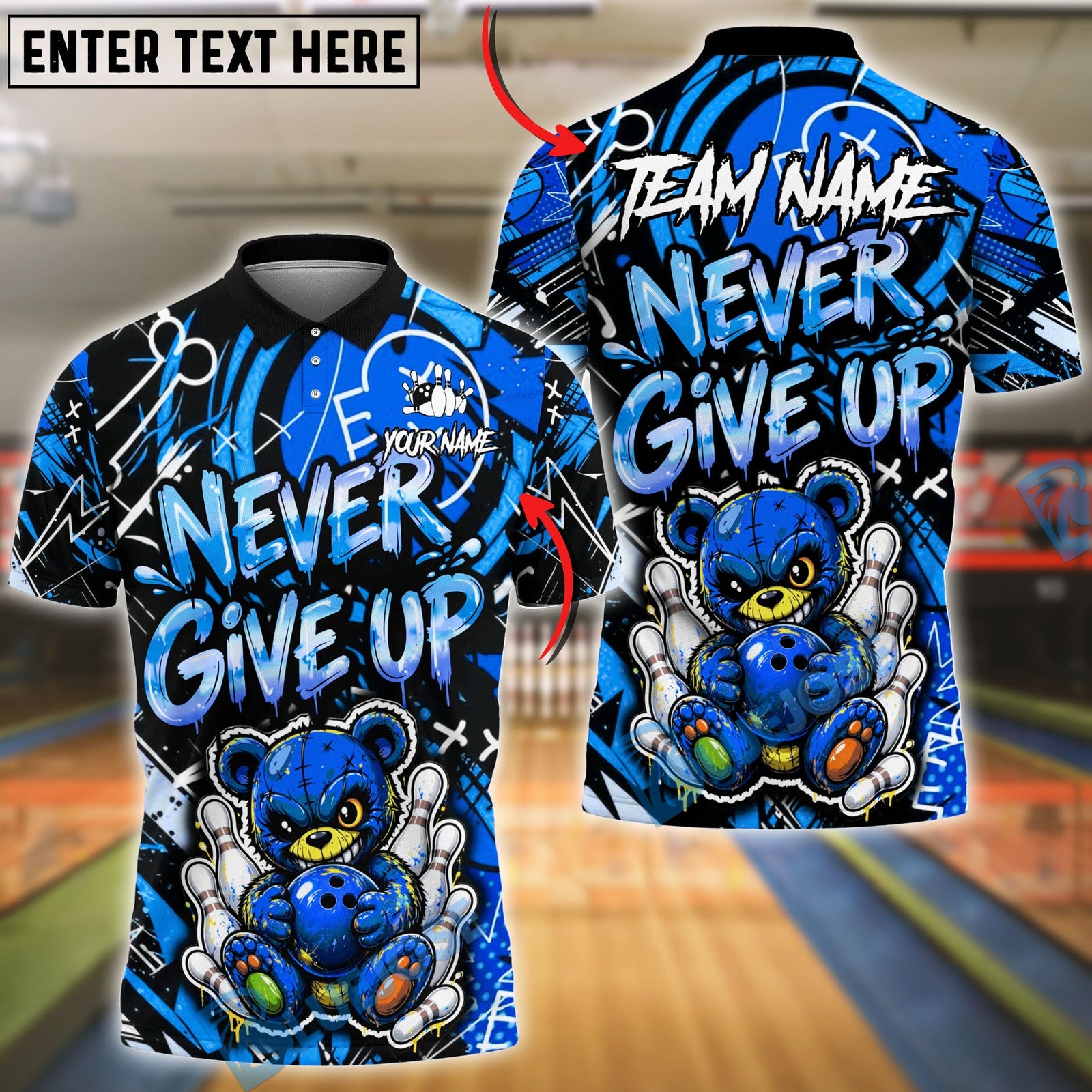 BlueJose Bowling And Pins Punk Teddy Bear Never Give Up Graffiti Customized Name, Team Name 3D Shirt (4 Colors)