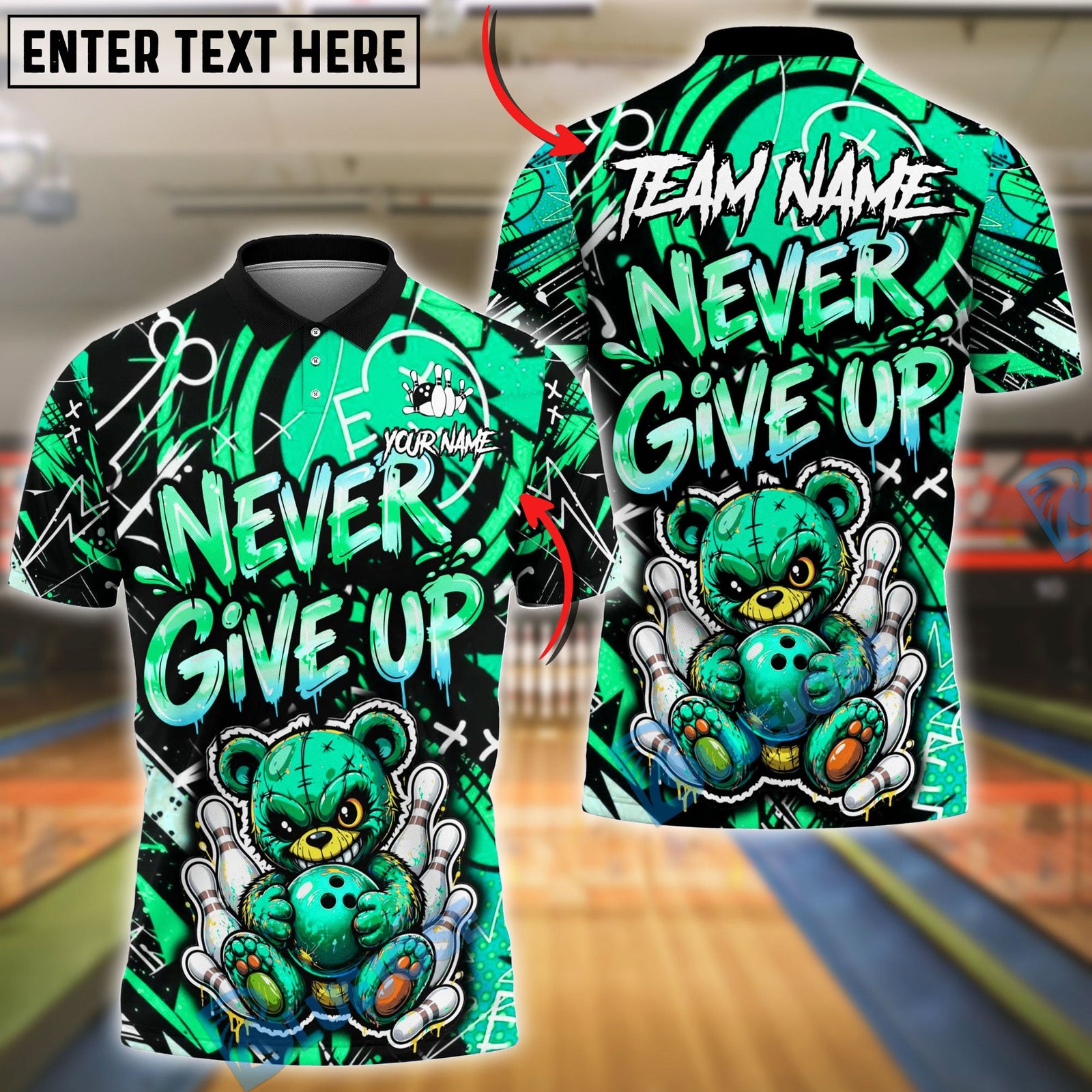 BlueJose Bowling And Pins Punk Teddy Bear Never Give Up Graffiti Customized Name, Team Name 3D Shirt (4 Colors)