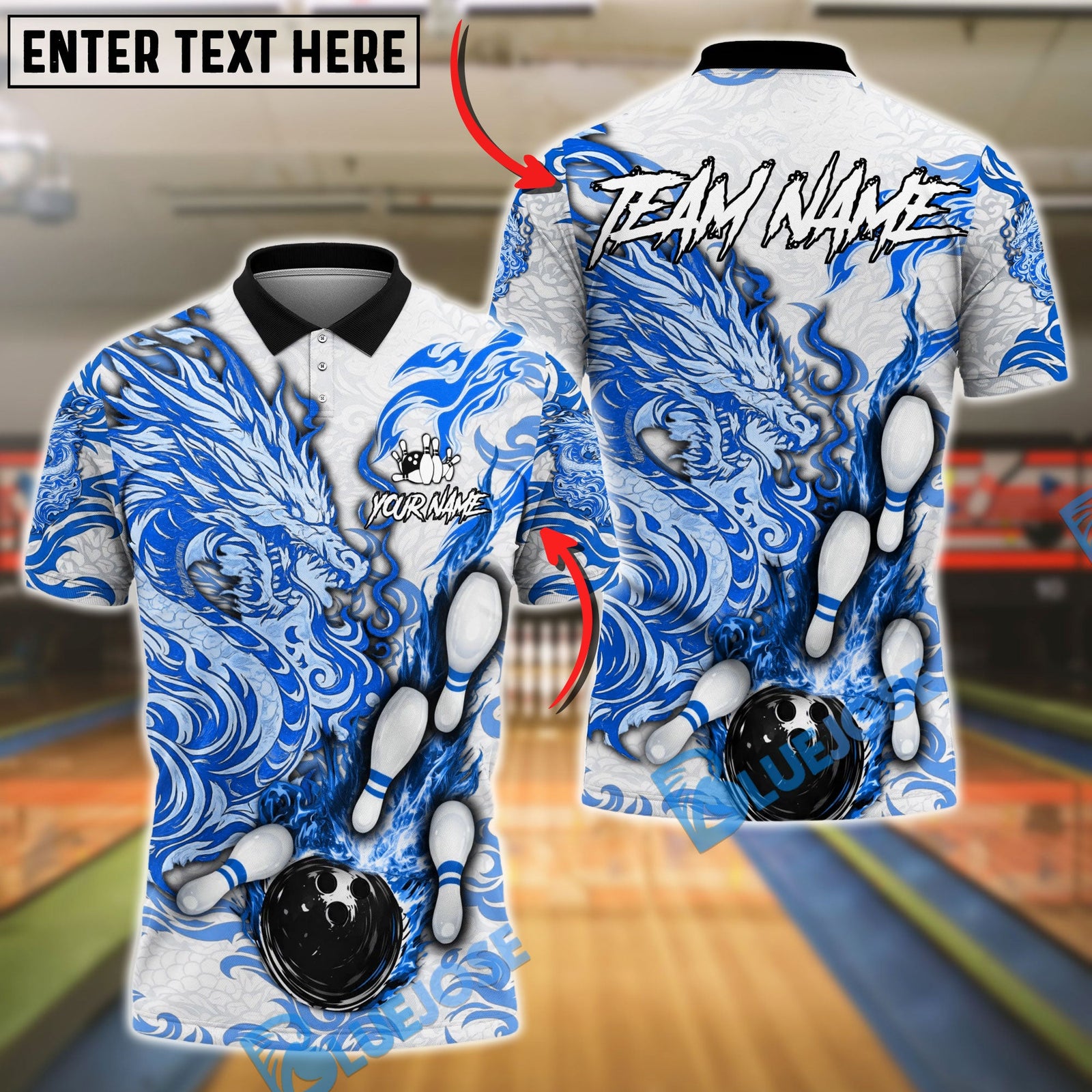 BlueJose Bowling And Pins Fire Dragon Bold Flame Artwork Customized Name, Team Name 3D Shirt (6 Colors)