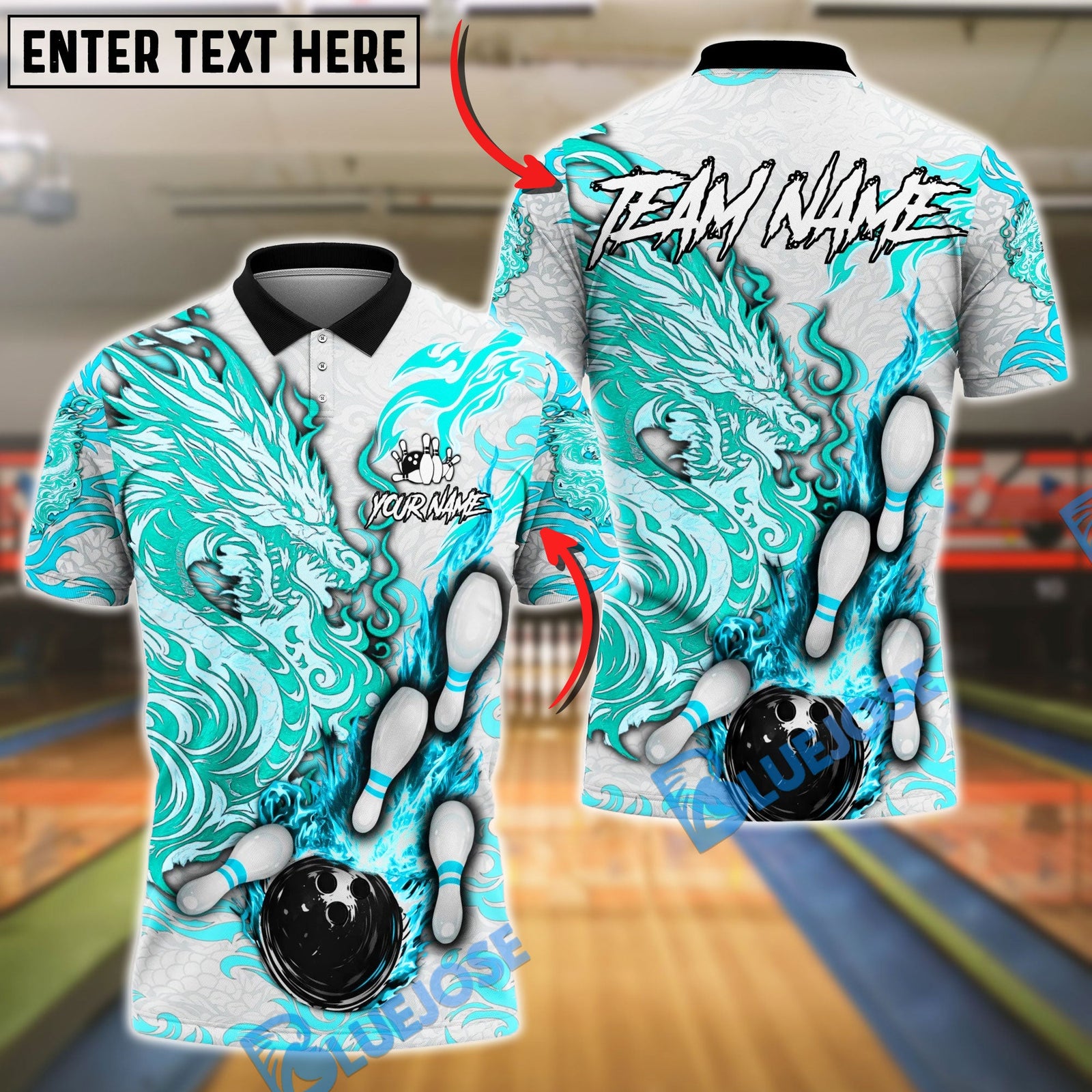 BlueJose Bowling And Pins Fire Dragon Bold Flame Artwork Customized Name, Team Name 3D Shirt (6 Colors)