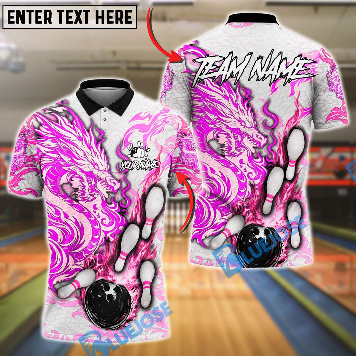 BlueJose Bowling And Pins Fire Dragon Bold Flame Artwork Customized Name, Team Name 3D Shirt (6 Colors)
