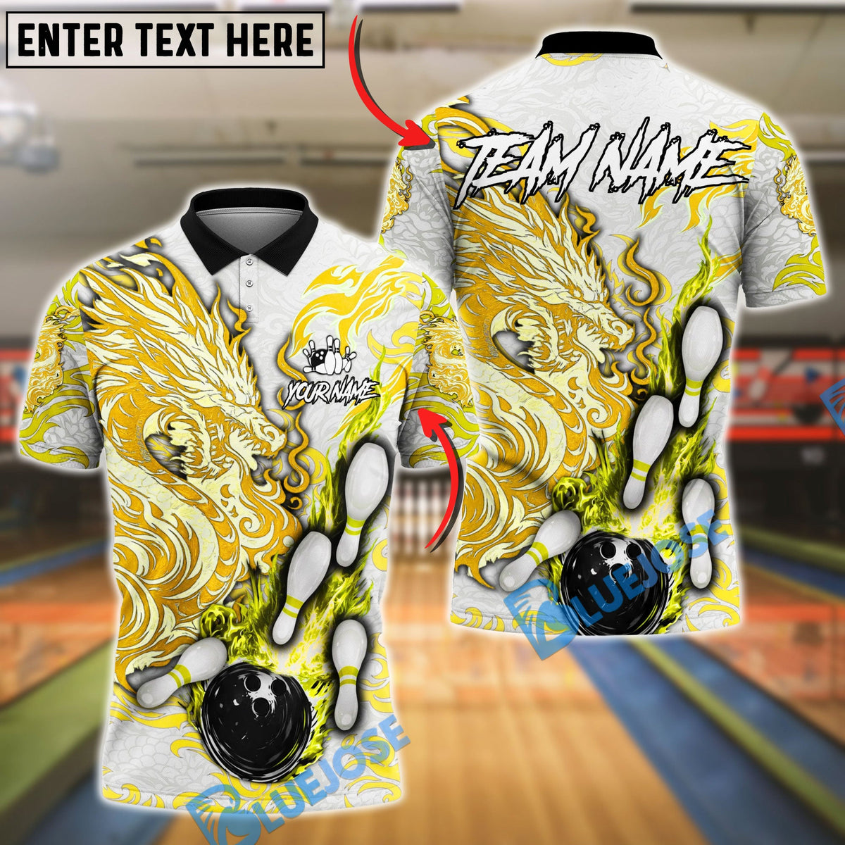 BlueJose Bowling And Pins Fire Dragon Bold Flame Artwork Customized Name, Team Name 3D Shirt (6 Colors)
