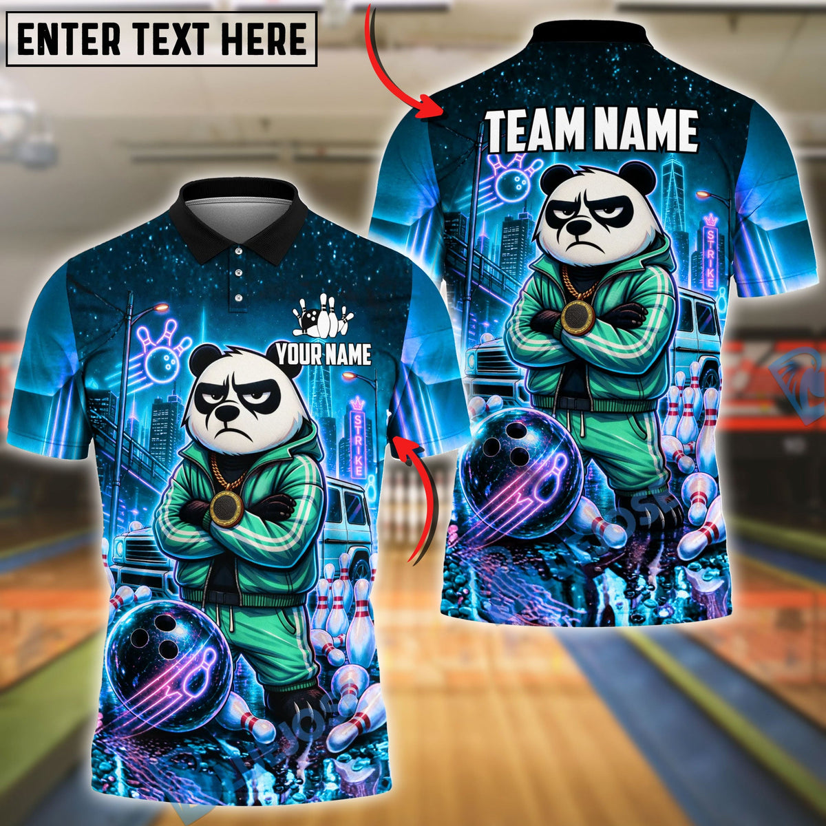 BlueJose Bowling And Pins Cyberpunk Panda Neon Street Style Customized Name, Team Name 3D Shirt (4 Colors)