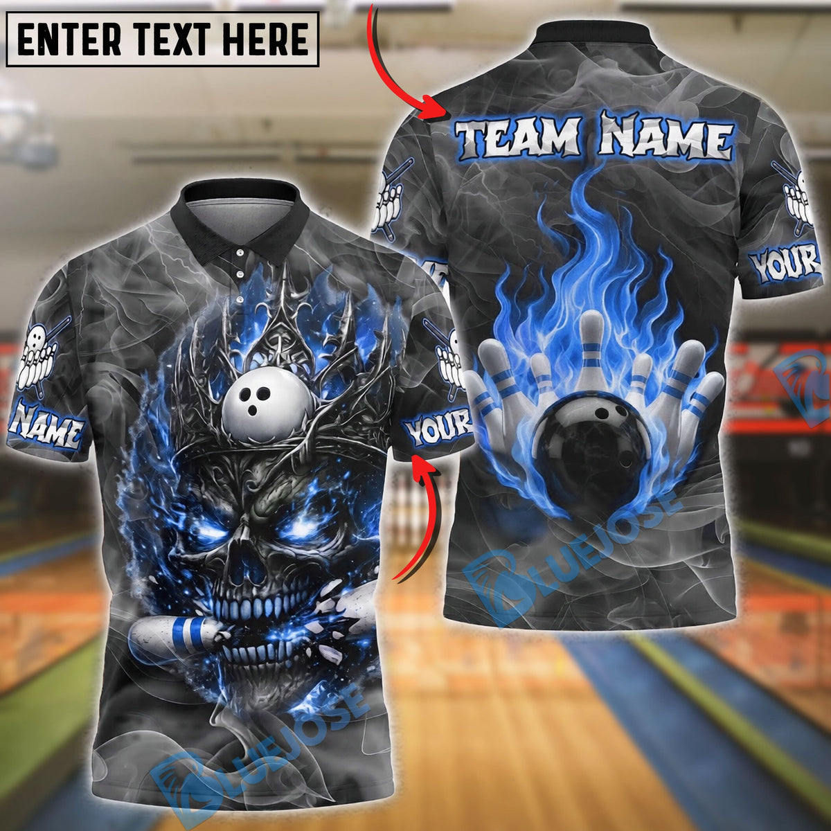 BlueJose Bowling And Pins Skull King Flame Gothic Style Customized Name, Team Name 3D Shirt (4 Colors)