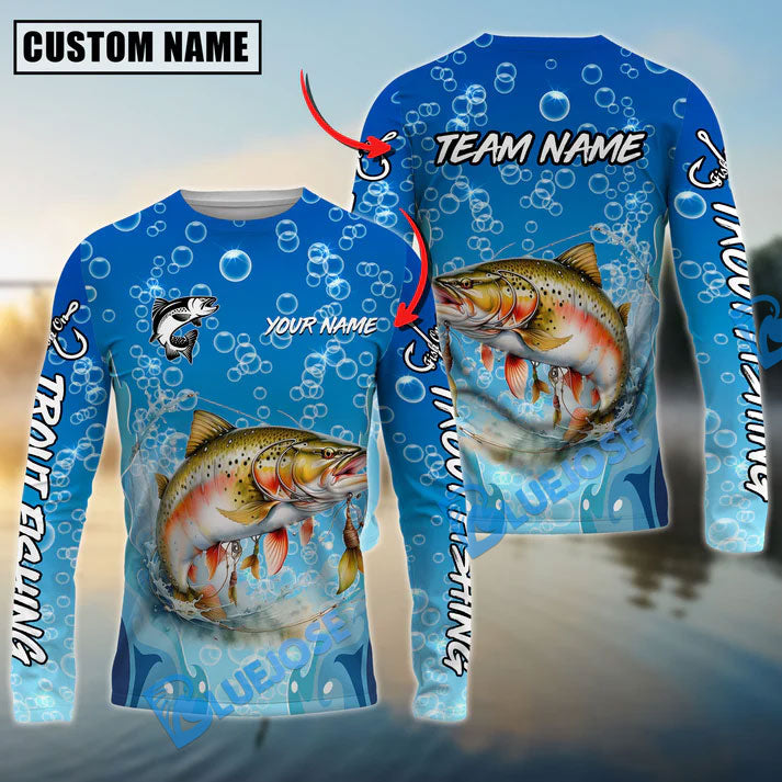 Bluejose Trout Fishing Funny Cartoon Bubble Design Name &amp; Team Name 3D Shirts
