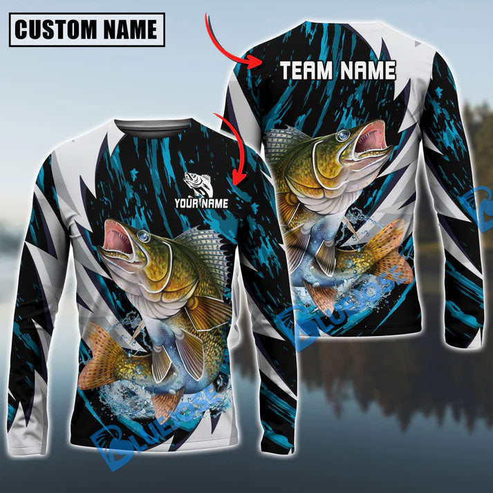 Bluejose Walleye Fishing Fire Thunderstorm Name &amp; Team Name 3D Shirts