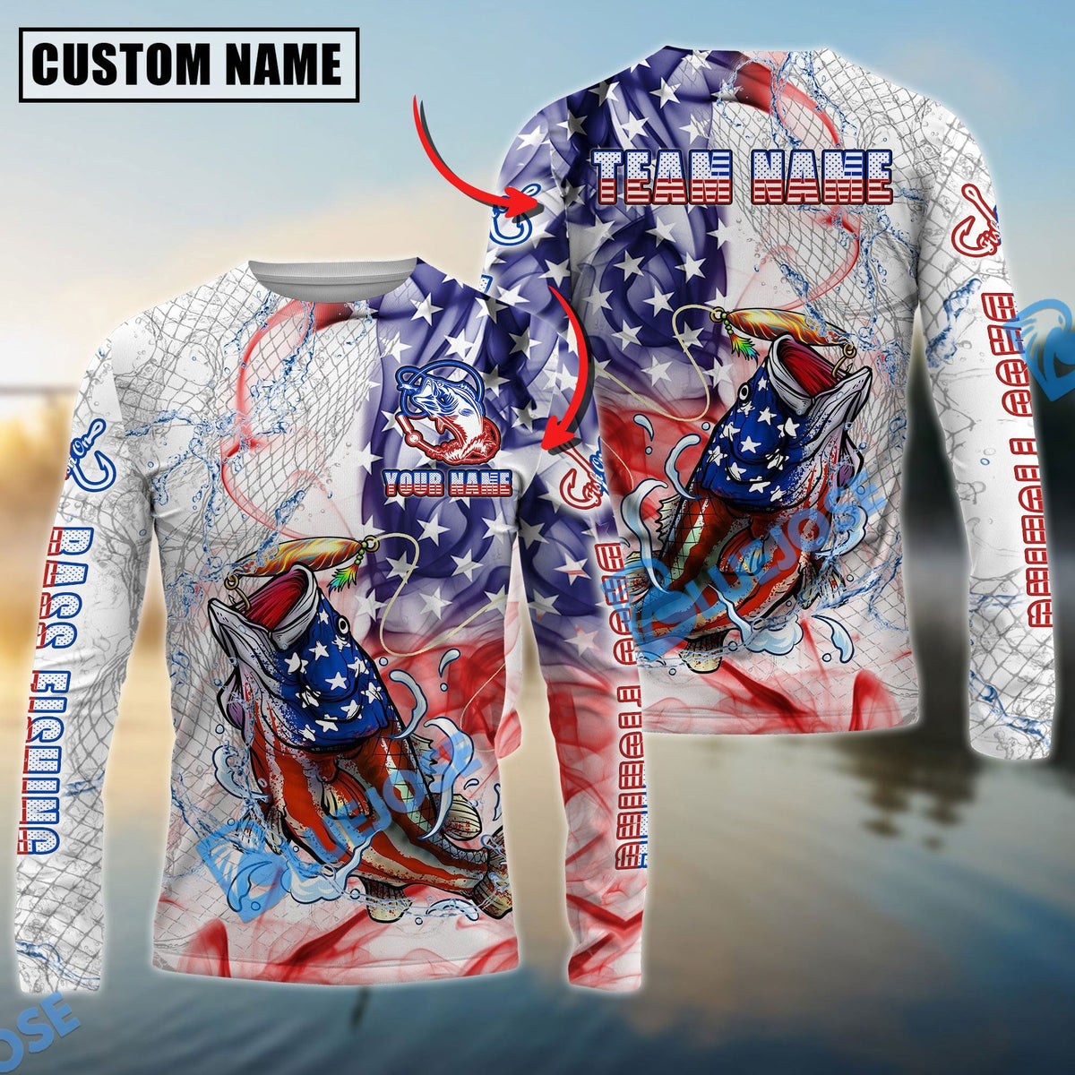 Bluejose Bass Fishing US Flag Pattern Design Name &amp; Team Name 3D Shirts