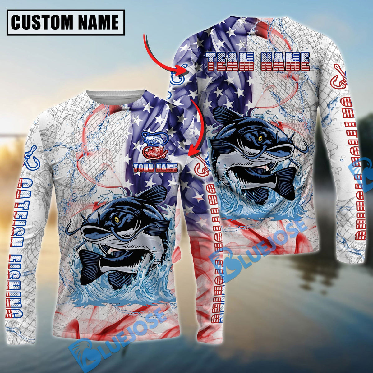 Bluejose Catfish Fishing US Flag Pattern Design Name &amp; Team Name 3D Shirts