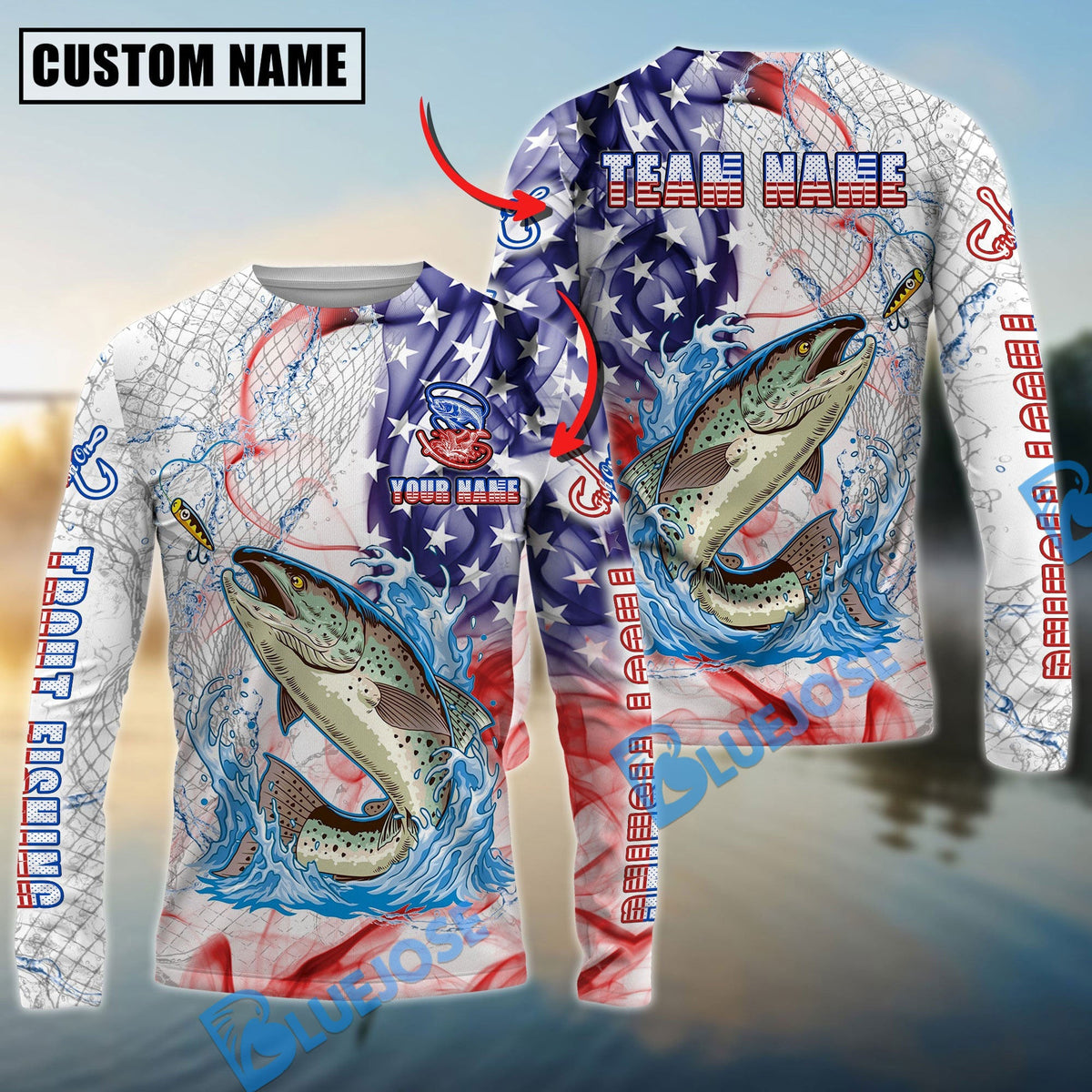 Bluejose Trout Fishing US Flag Pattern Design Name &amp; Team Name 3D Shirts