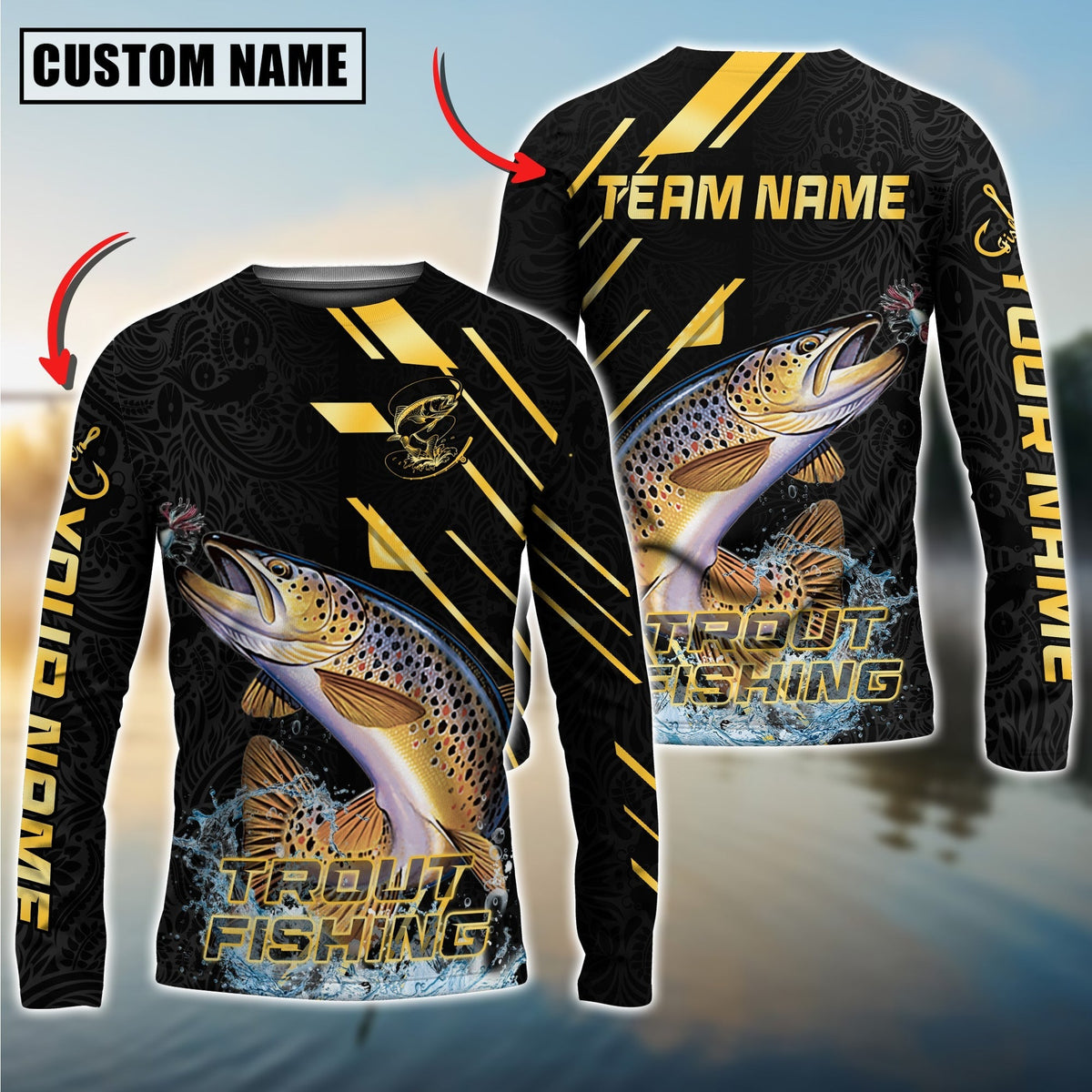Bluejose Trout Fishing Gold Black Pattern Design Name &amp; Team Name 3D Shirts